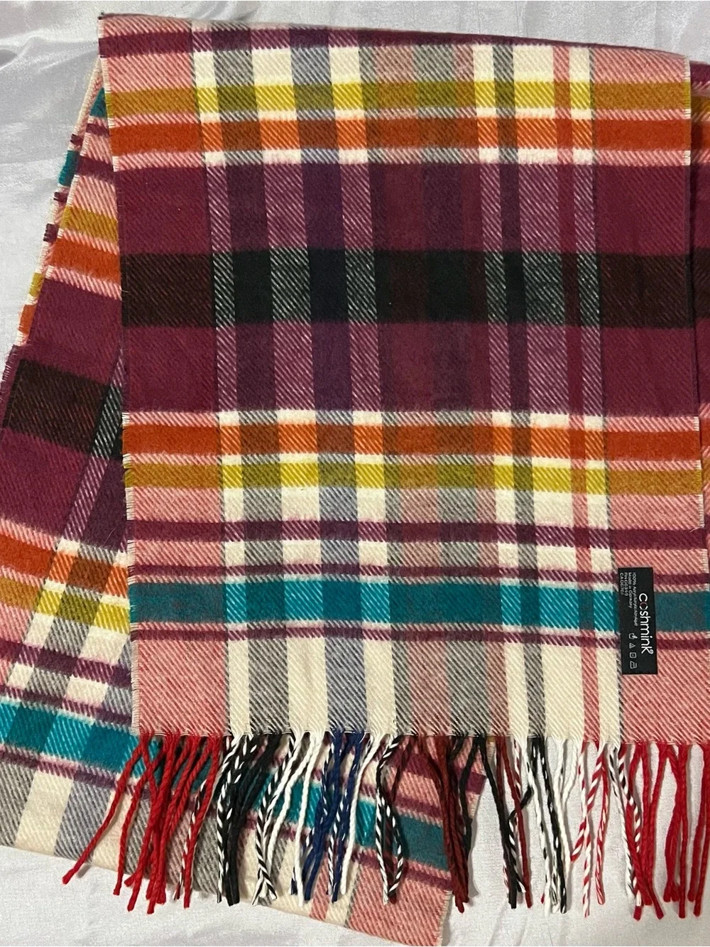 Cashmink Made in Germany Multicolor Plaid Fringe Scarf 65”